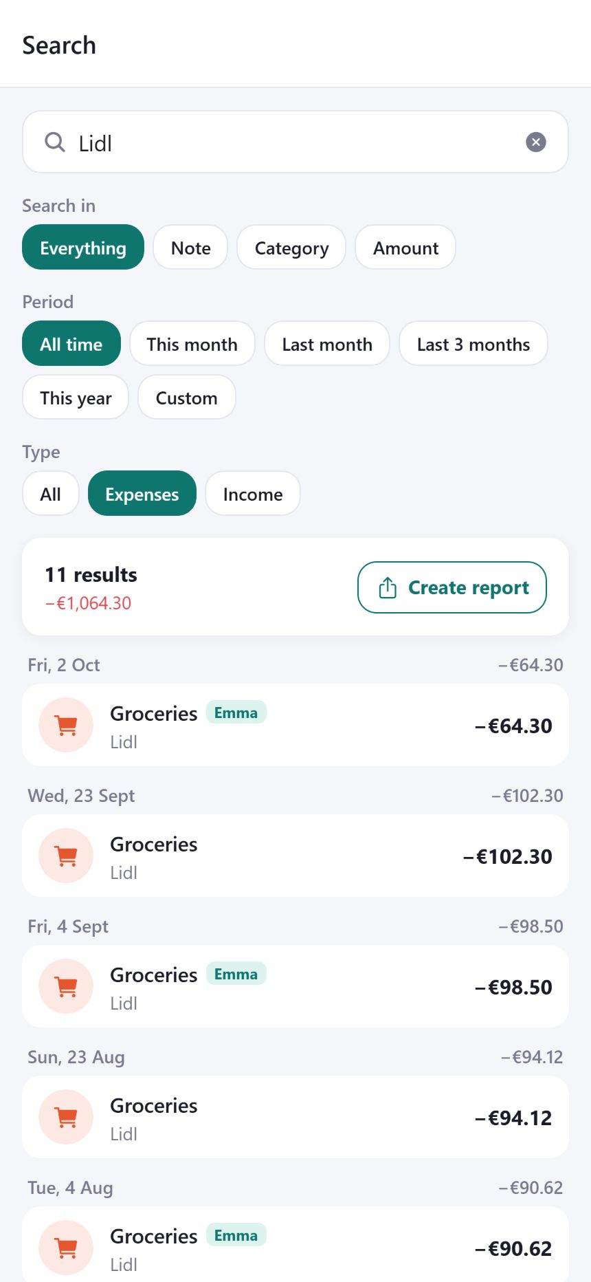 Transactions with labels showing what your partner added
